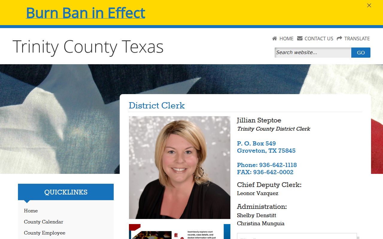 Trinity County warrant lookup: District Clerk records and request page