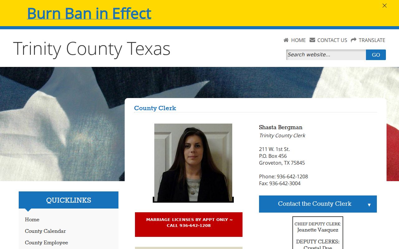 Trinity County Clerk page with online records and fee schedule links
