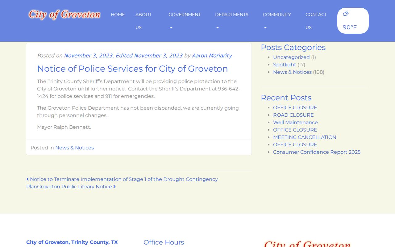 Groveton notice describing sheriff police services for the city