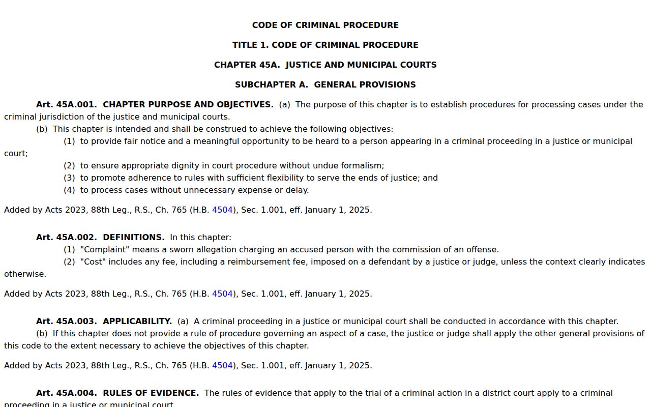 Texas Chapter 45A statutory provisions for justice and municipal court process