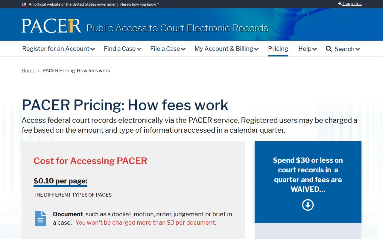 PACER page explaining fees for federal docket access